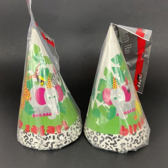 Zoo Animal Birthday Safari Party Hats 2 Packs Of 5 Paper Cone Hats Leopard Trim - Picture 1 of 3